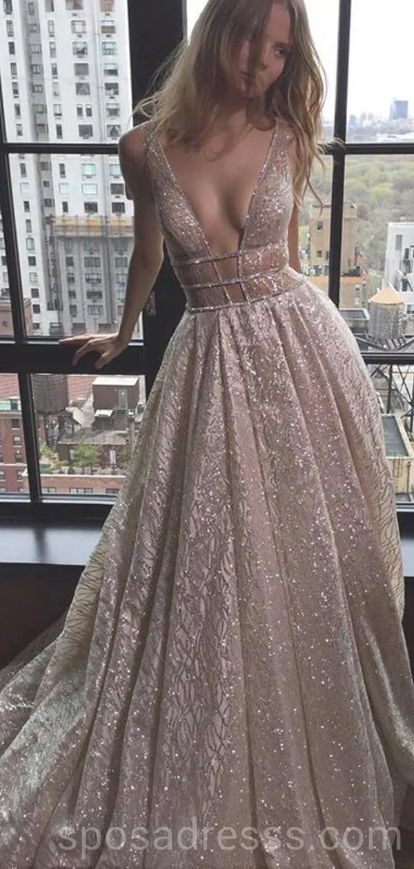Sexy Backless Deep V Neck Sparkly A-line Long Evening Prom Dresses, Cheap Custom Sweet 16 Dresses, 18563