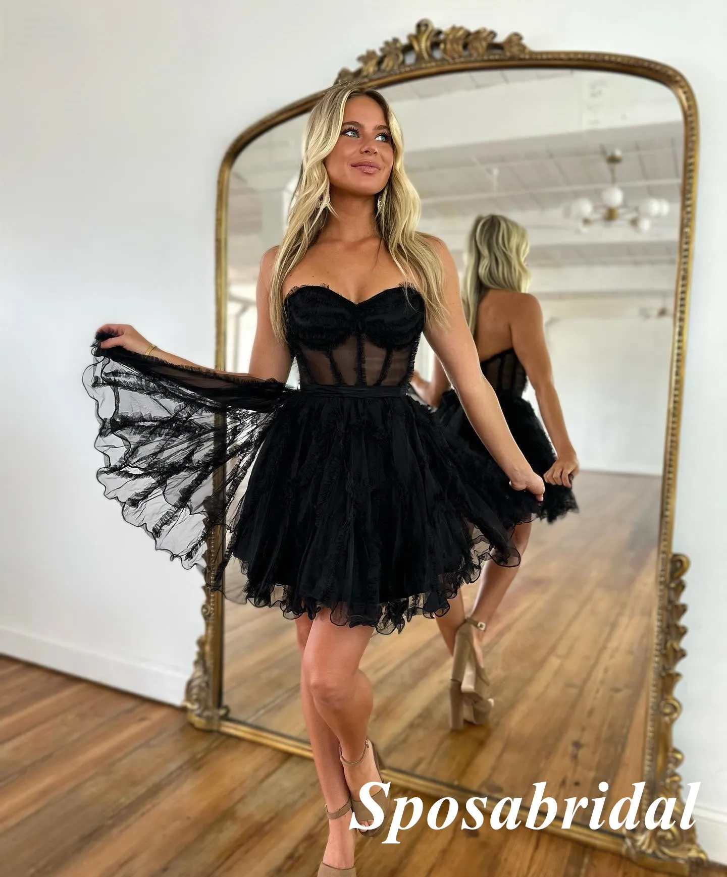 Sexy Black Tulle Sweetheart V-Neck A-Line Mini Dresses/ Homecoming Dresses, PD3579