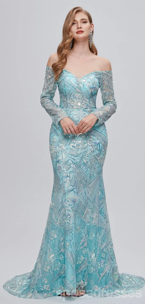Sexy Blue Mermaid Long Sleeves Off Shoulder Cheap Prom Dresses,12988