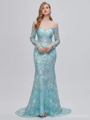 Sexy Blue Mermaid Long Sleeves Off Shoulder Cheap Prom Dresses,12988