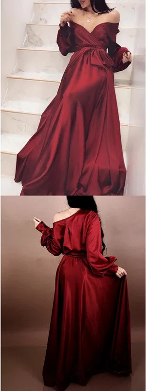 Sexy Burgundy A-line Off Shoulder Long Sleeves Prom Dresses Online,12586
