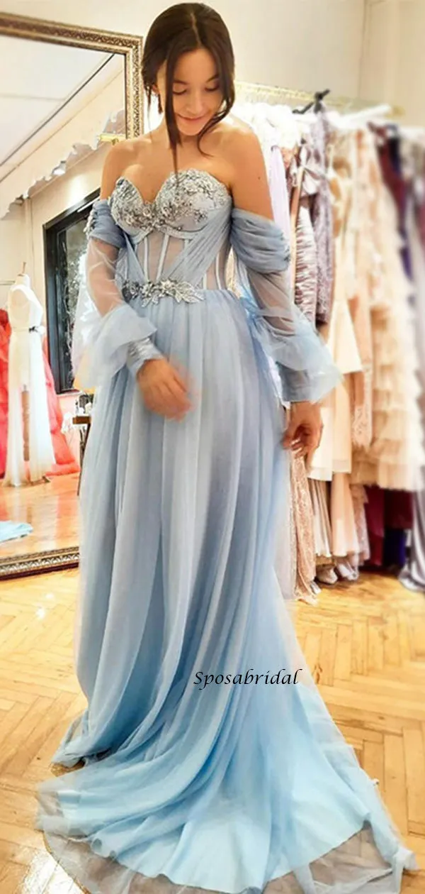 Sexy Floral Blue Strapless Sweetheart A-line Long Prom Dress, PD3495
