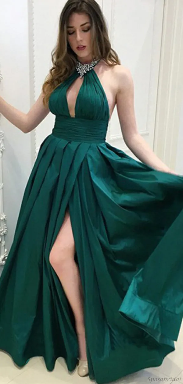 Sexy Halter Emerald Green Open Back A-line Side-slit Long Prom Dress, PD3268