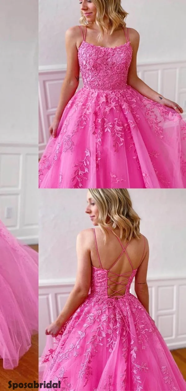 Sexy Hot Pink Spaghetti Strap Floral Lace Backless Tulle A-line Long Prom Dress, PD3037