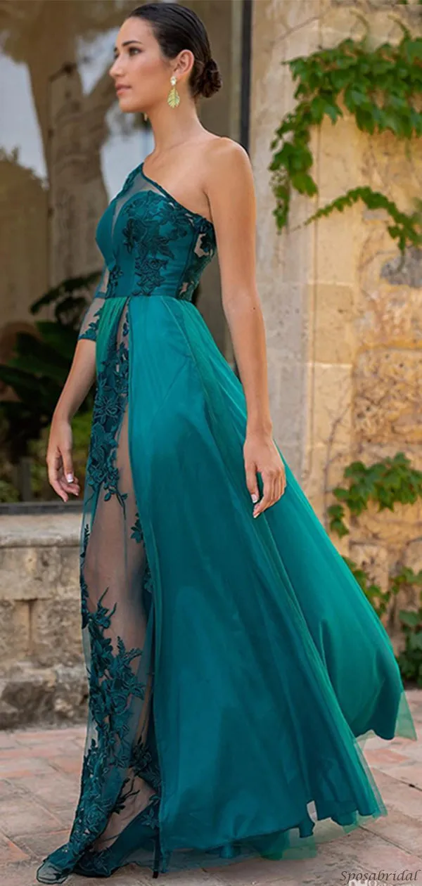 Sexy Lace Teal Green One-shoulder Side-slit A-line Long Prom Dress, PD3243
