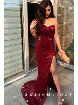 Sexy Mermaid Sweetheart Dark Red Cheap Long Prom Dresses With Split Side,SFPD0010