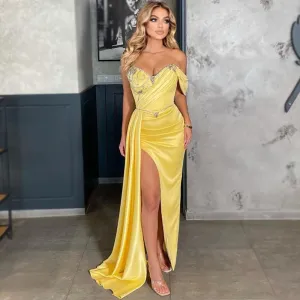 Sexy Off-shoulder Yellow Side-slit Mermaid Long Prom Dress, PD3384