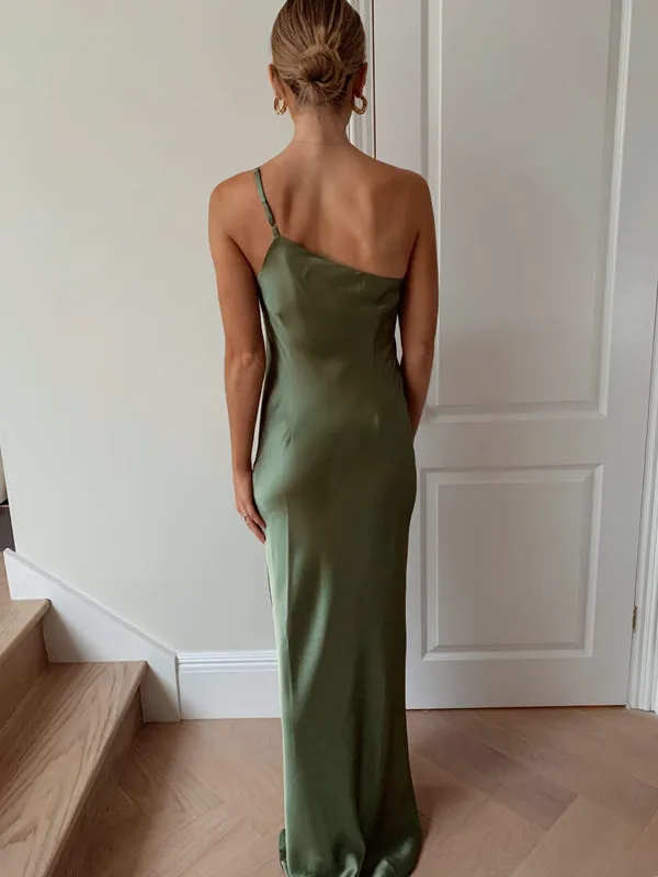 Sexy One-shoulder Spaghetti Strap Sage Green Cheap Mermaid Long Bridesmiad Dresses, WG761