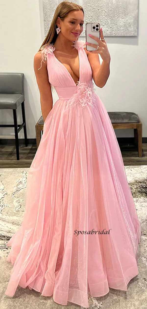 Sexy Pink Deep V-neck Spaghetti Straps A-line Half-open Back Long Prom Dress, PD3502