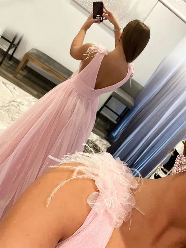 Sexy Pink Deep V-neck Spaghetti Straps A-line Half-open Back Long Prom Dress, PD3502
