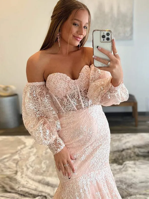 Sexy Pink Strapless Sweetheart Lace Mermaid Long Prom Dress, PD3544
