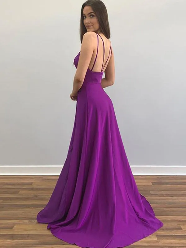 Sexy Purple Spaghetti Straps V-neck Side-slit A-line Long Prom Dress, PD3303