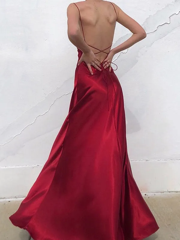 Sexy Red Spaghetti Straps V-neck Open Back A-line Long Prom Dress, PD3580