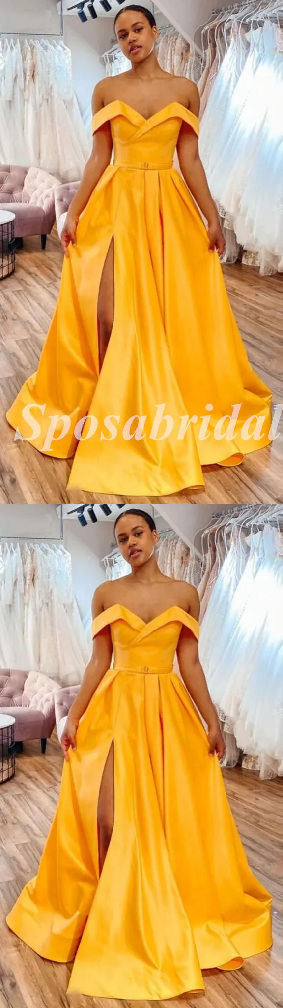 Sexy Satin Off Shoulder V-Neck Sleeveless Side Slit A-Line Long Prom Dresses, PD3584