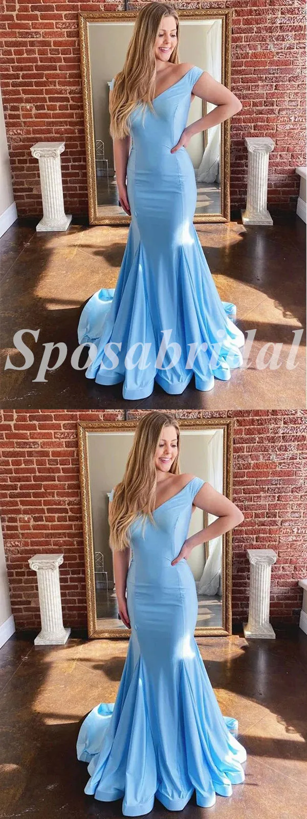 Sexy Satin Spaghetti Srtraps V-Neck Sleeveless Mermaid Long Prom Dresses, PD3596