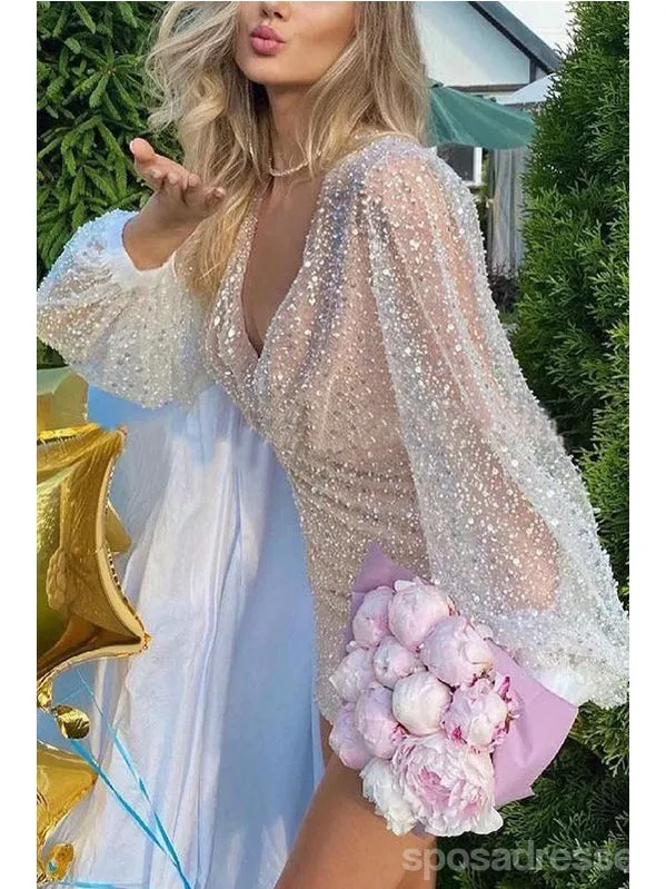 Sexy Sheath Long Sleeves V-neck Short Prom Dresses,13271