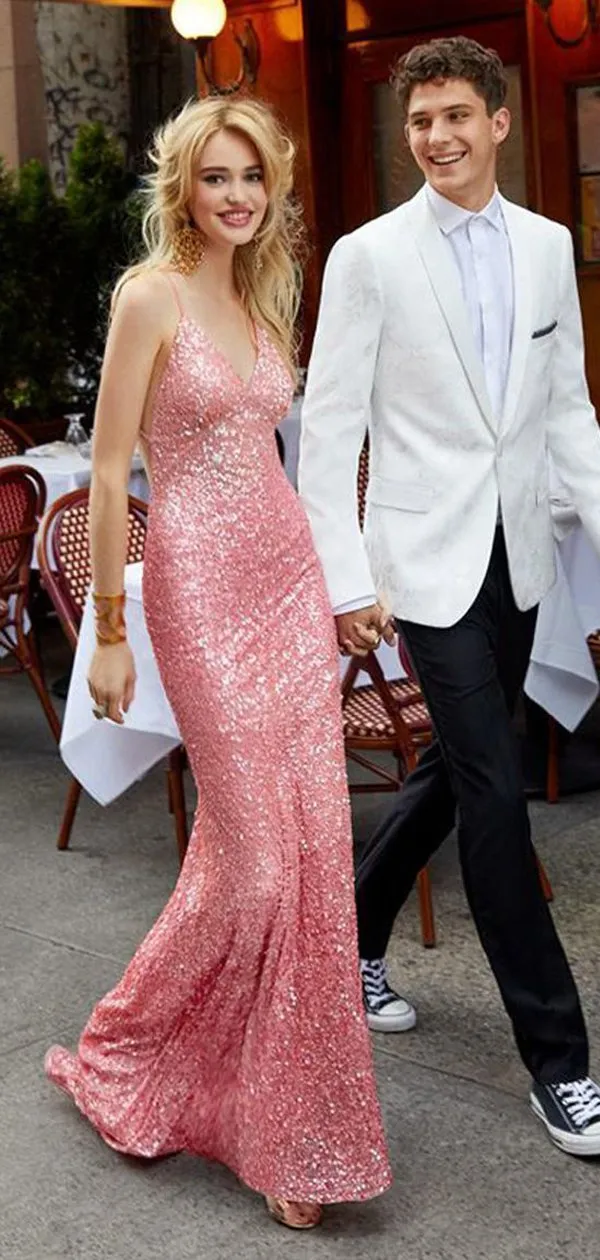 Sexy Sparkly Pink Mermaid Spaghetti Straps Open-back Long Prom Dresses, PD0955