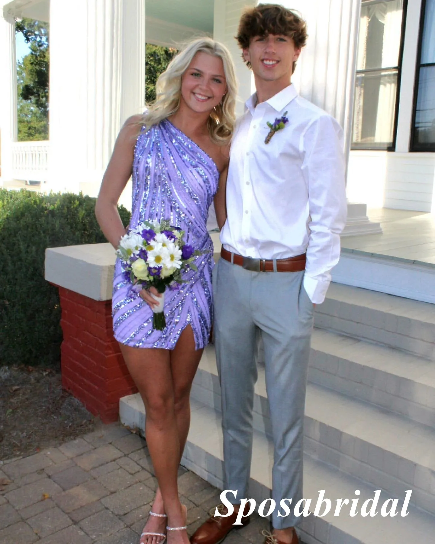 Shiny Sequin Lace One Shoulder Sleeveless Sheath Mini Dresses/ Homecoming Dresses, PD3606