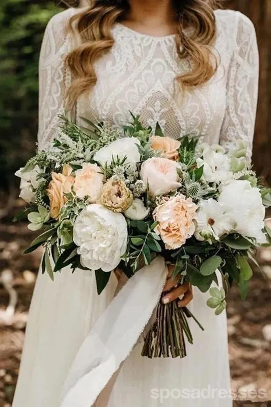 Simple A-line Long Sleeves Backless Handmade Lace Wedding Dresses,WD750
