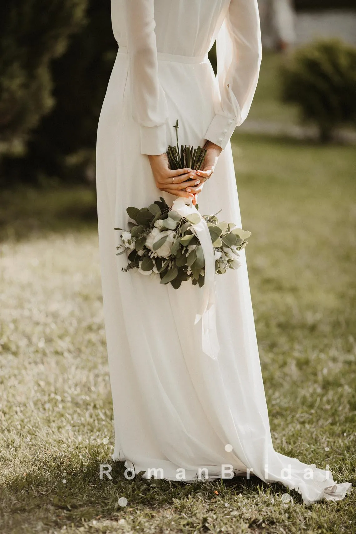 Simple A-Line V-Neck Long Sleeves Floor Length Wedding Dresses,RBWD0004