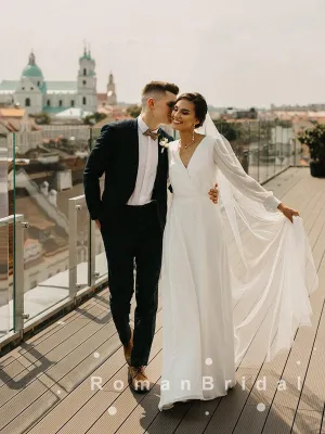 Simple A-Line V-Neck Long Sleeves Floor Length Wedding Dresses,RBWD0004