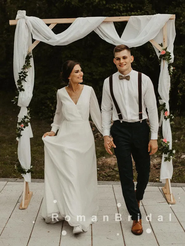 Simple A-Line V-Neck Long Sleeves Floor Length Wedding Dresses,RBWD0004