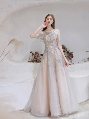 Spaghetti Straps A-line Off Shoulder V-neck Long Prom Dresses Online,12761
