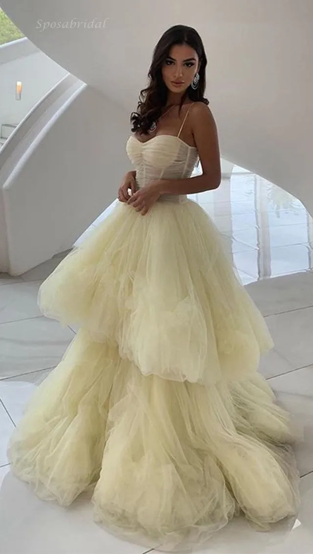 Spaghetti Straps Sweetheart Sexy Cream A-line Tulle Long Prom Dress, PD3369