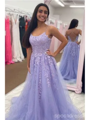 Sparkly Purple A-line Spaghetti Straps Backless Cheap Long Prom Dresses,12830