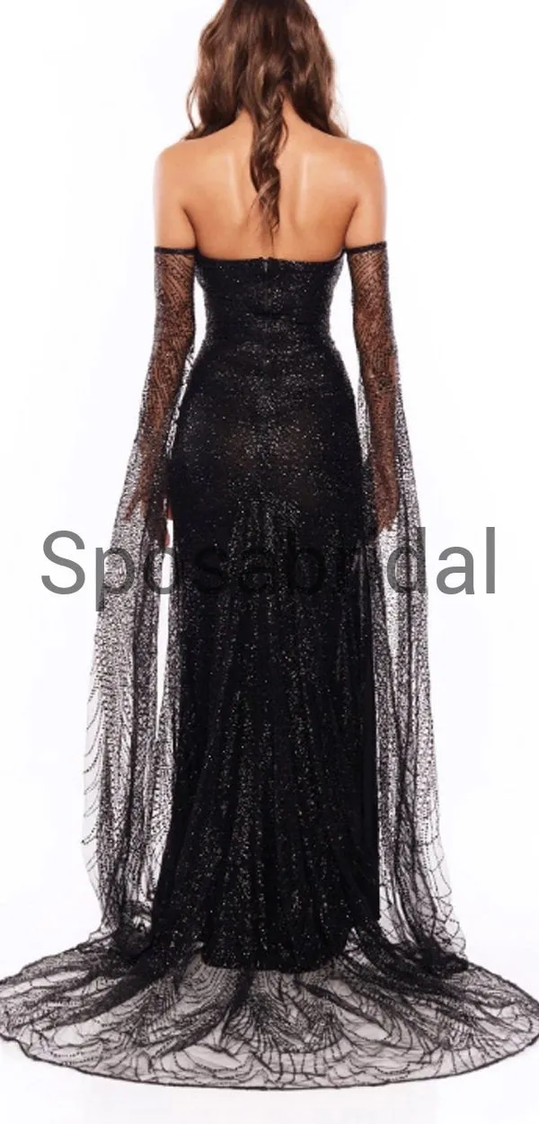 Strapless Long Sleeves Black Side Slit Mermaid Sexy Modest Simple Prom Dresses PD1917