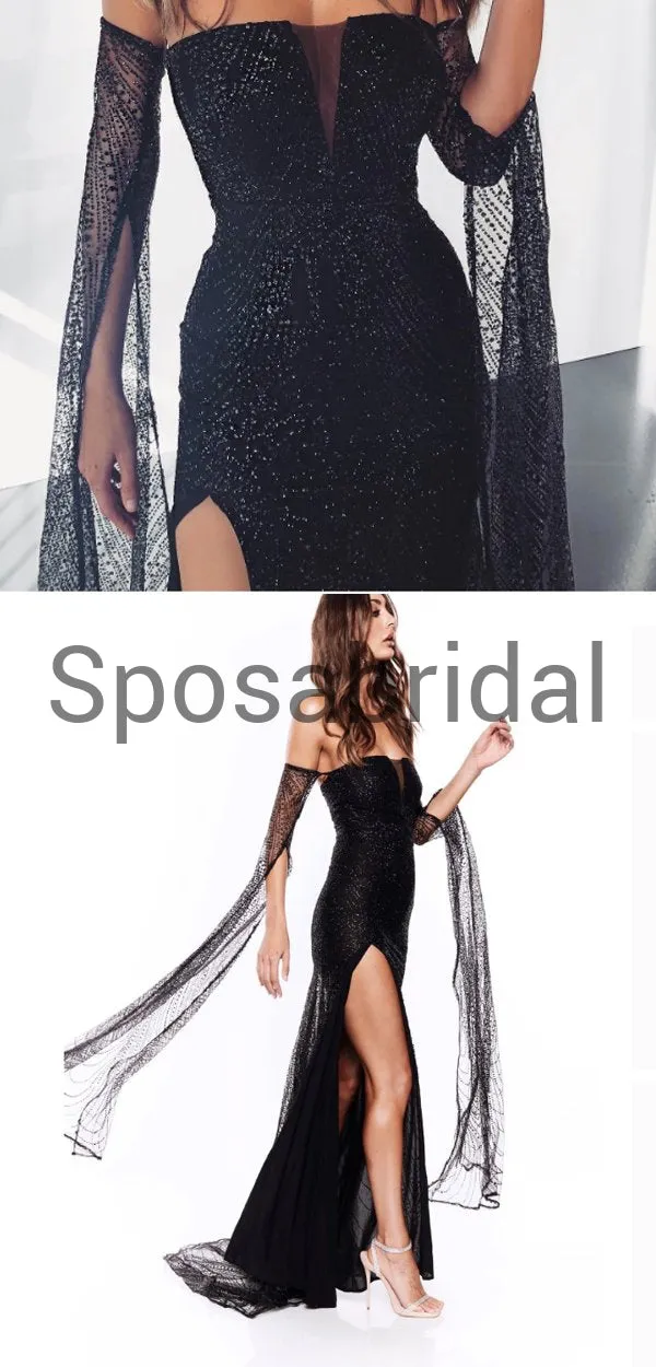 Strapless Long Sleeves Black Side Slit Mermaid Sexy Modest Simple Prom Dresses PD1917
