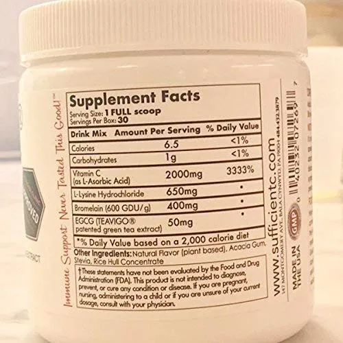 Sufficient-C® mezcla de bebida inmune-adde vitamina C de limón melocotón, 4.41 oz - Colágeno, tiroides, suprarrenal y presión arterial - Soporte para el dolor de frío