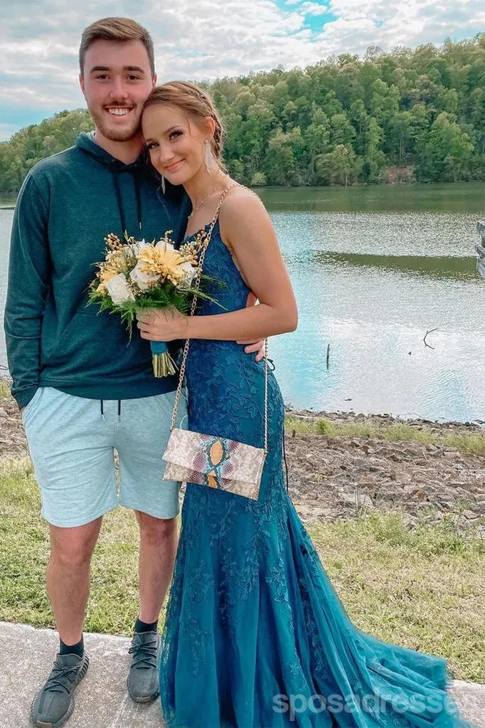 Teal Mermaid Spaghetti Straps Backless Cheap Long Prom Dresses,12849