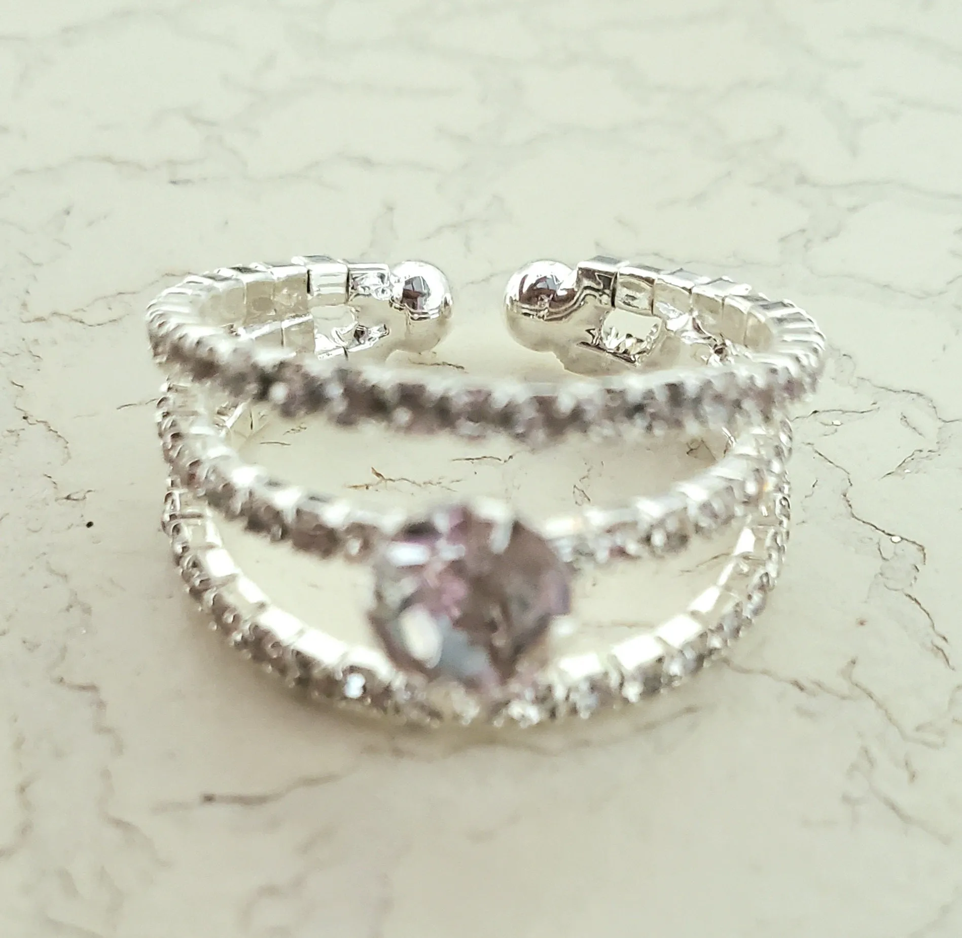 Triple Band With Rhinestone Adjustable Ring