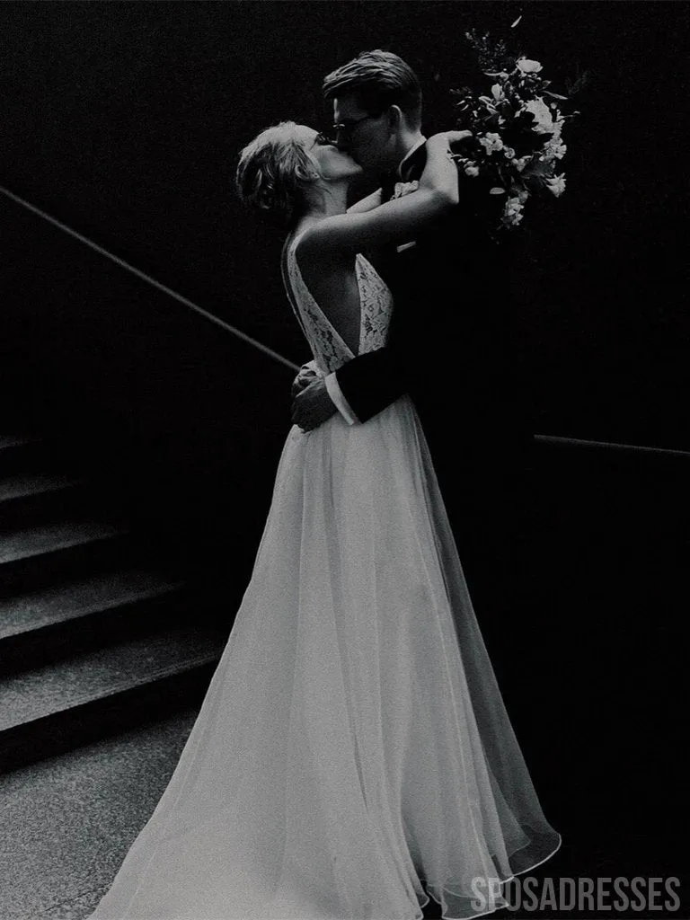 V Neck See Through Cheap Wedding Dresses, Cheap Wedding Gown, WD691