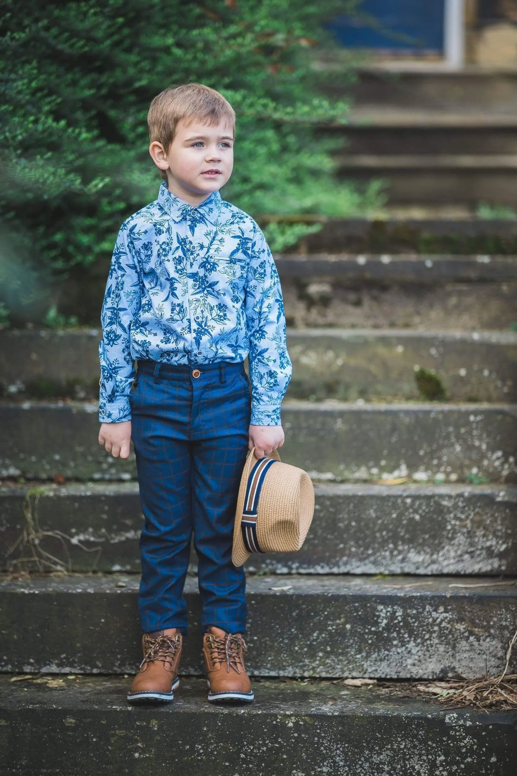 William: Navy check trousers
