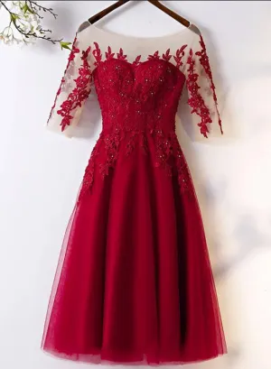 Wine Red Off Shoulder Short Sleeves Party Dress, Dark Red Party Dress