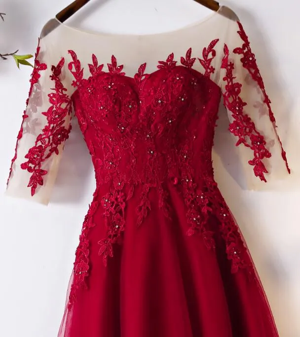 Wine Red Off Shoulder Short Sleeves Party Dress, Dark Red Party Dress
