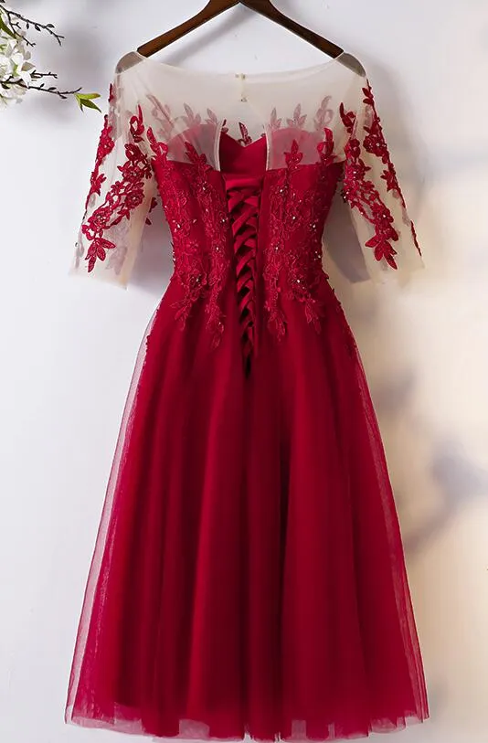 Wine Red Off Shoulder Short Sleeves Party Dress, Dark Red Party Dress