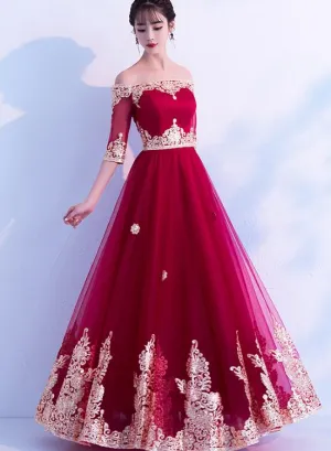 Wine Red Tulle Long Party Dress , Off Shoulder Party Gown