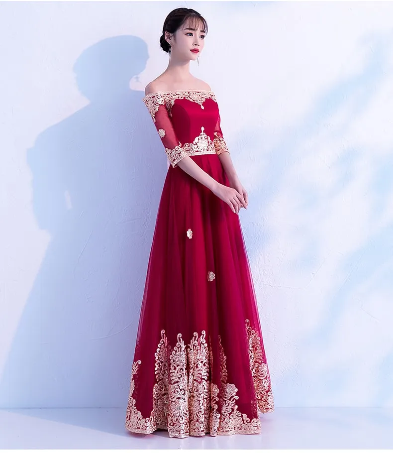 Wine Red Tulle Long Party Dress , Off Shoulder Party Gown