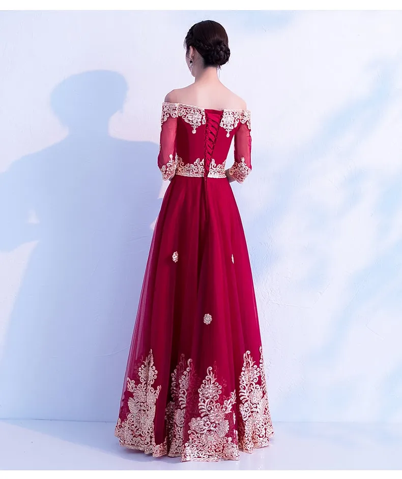 Wine Red Tulle Long Party Dress , Off Shoulder Party Gown